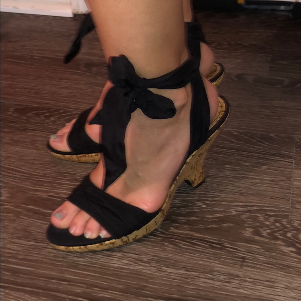 Tie Wrap Cork Black Heels Shoes